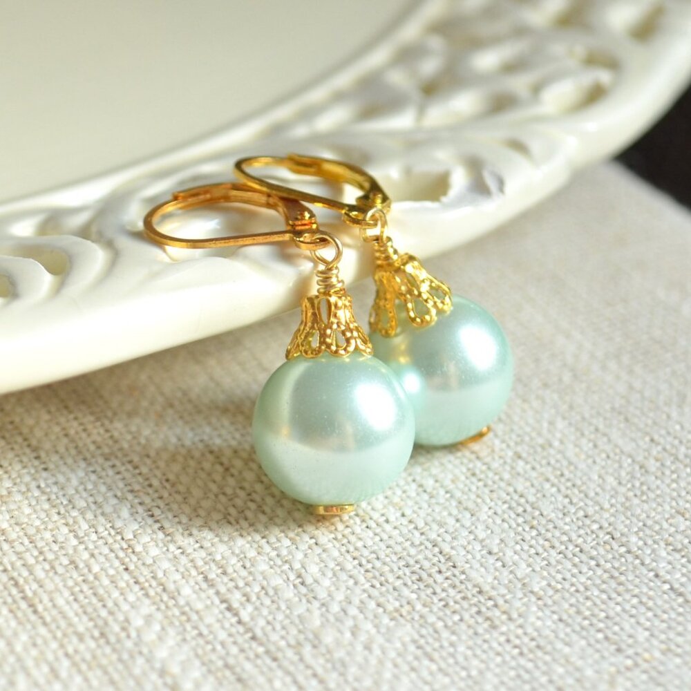 Aqua Christmas Earrings in Gold - Hand Made in Canada